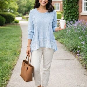 Keren Hart knit crochet lace lightweight sweater drop shoulder blue small